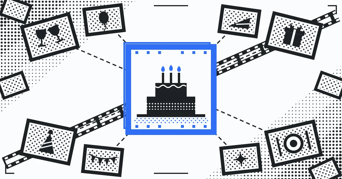 why use a private shared photo album - scattered birthday photos converging into one Space