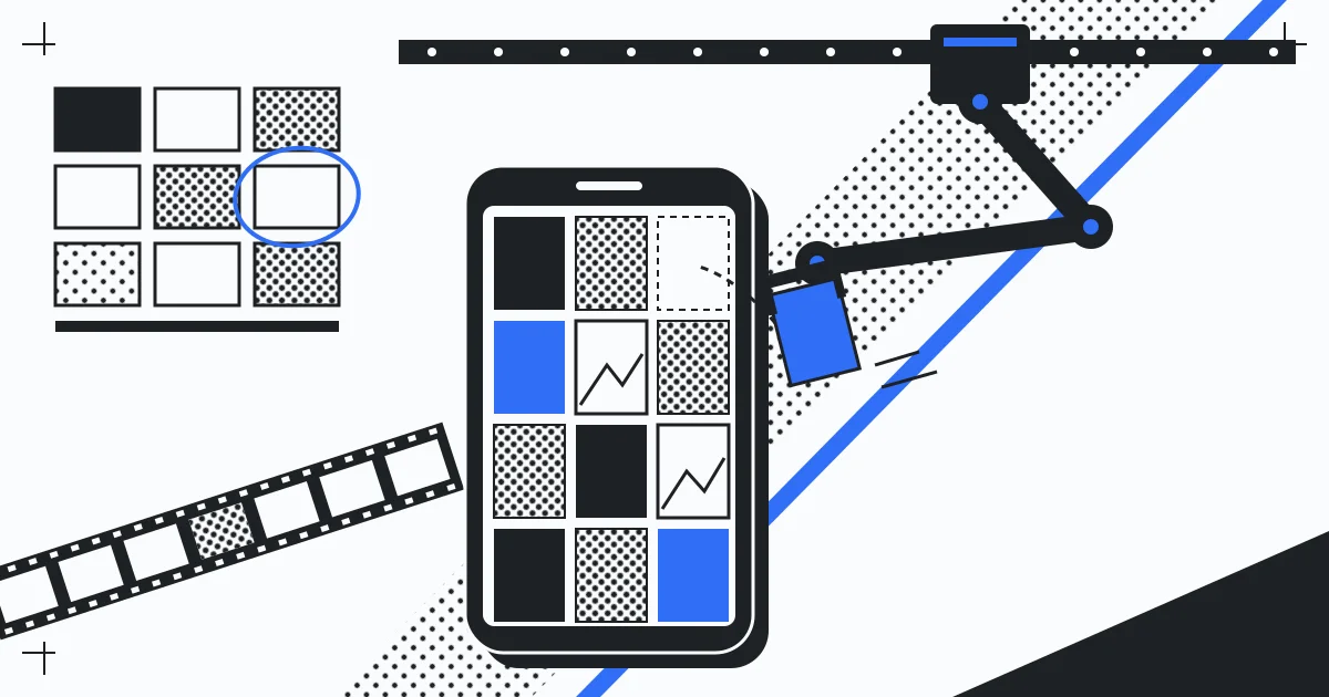 ai photo app - a robot sorting a photo grid from above