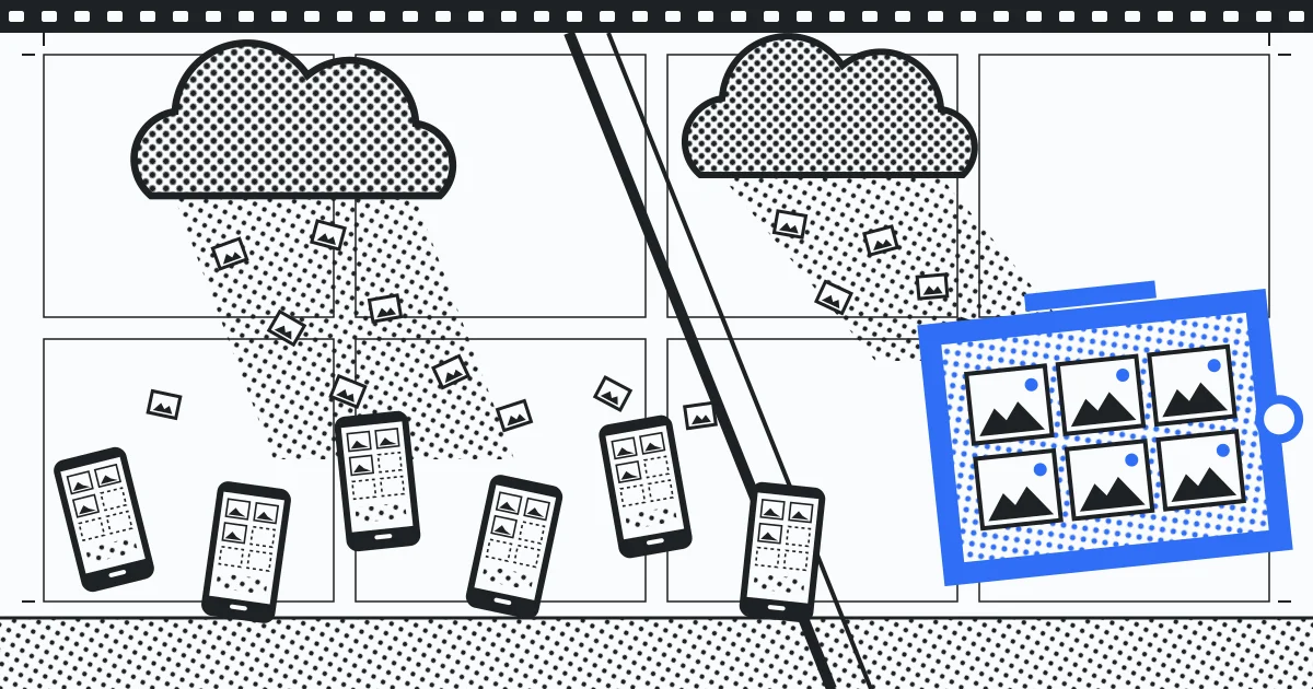 photo backup options - clouds raining photo frames onto phones